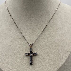 Sterling Silver 925 Blue Sapphire Cross Pendant Necklace 18”L